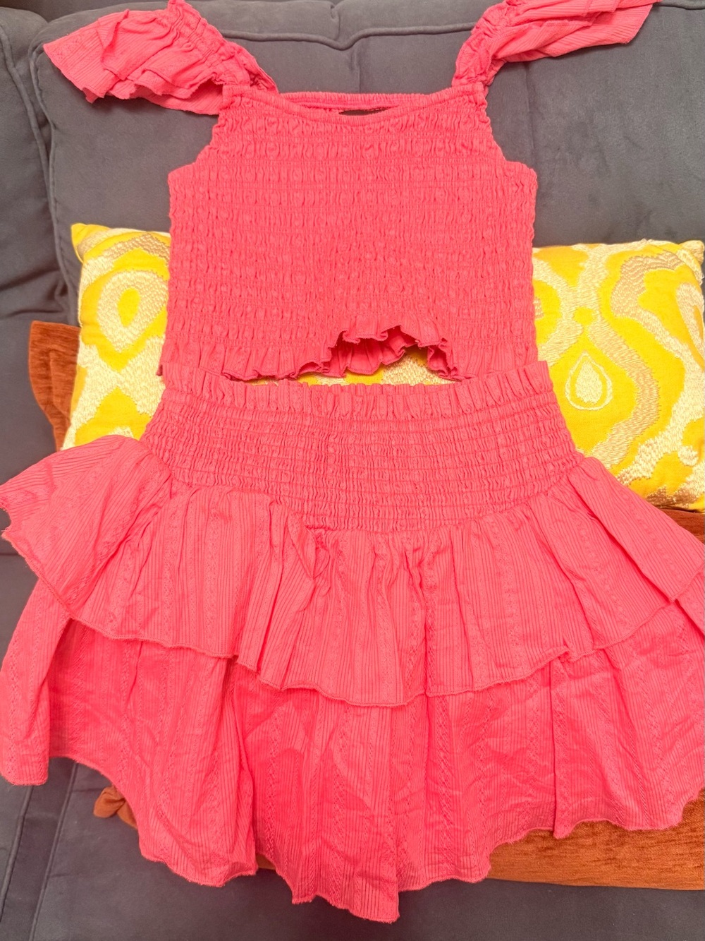 Katie J NYC Coral Pink Smocked Tiered Skirt Set